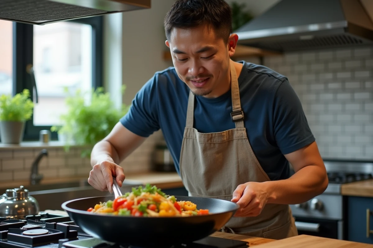Homme débutant en cuisine faisant sauter des légumes dans un wok dans un appartement urbain