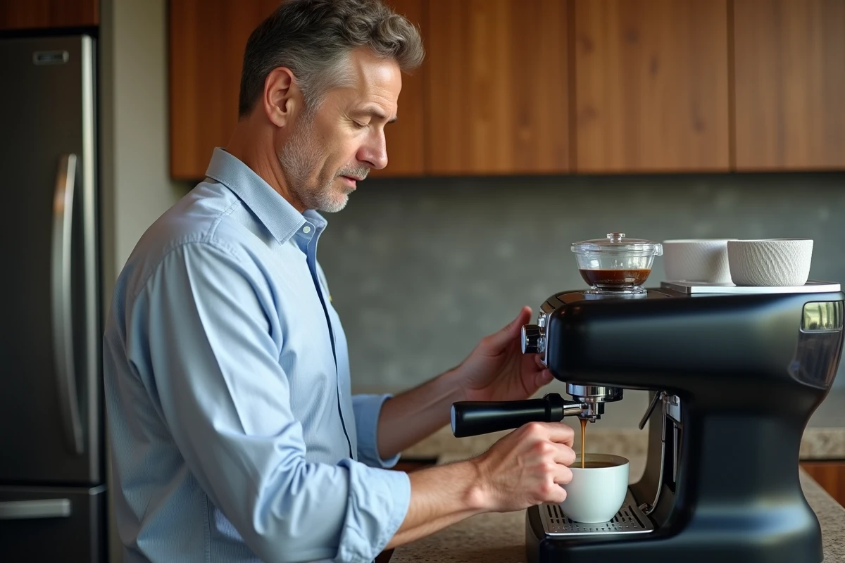 Homme d'âge moyen utilisant une machine à café moderne à la maison