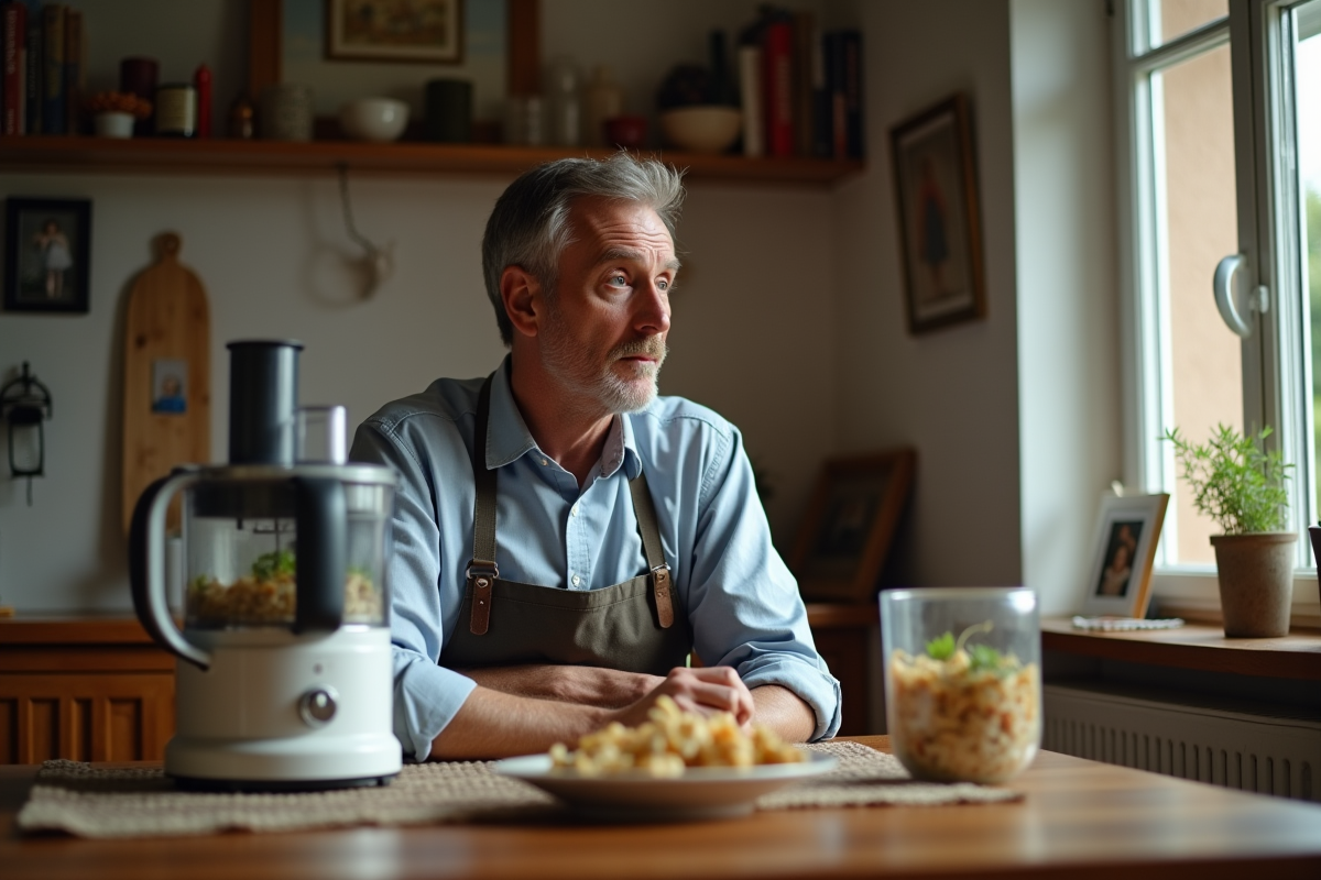 Homme regardant un plat préparé avec robot de cuisine