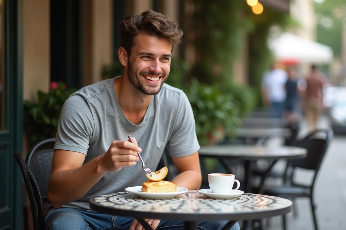Homme dégustant une tarte aux poires dans un café parisien