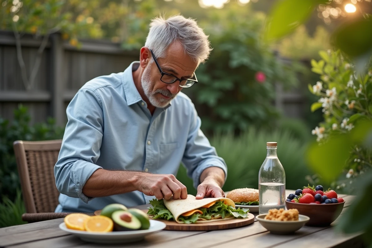 Homme préparant un wrap santé avec avocat et epinards en plein air