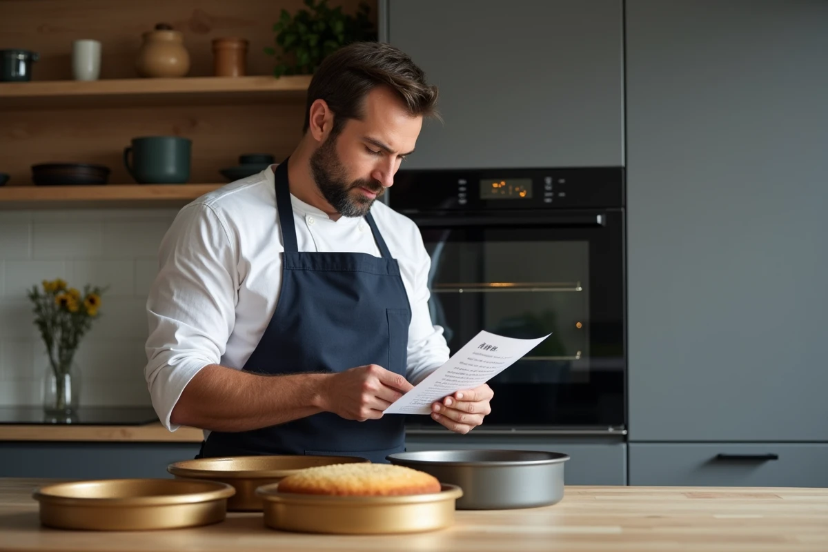 Homme consultant une recette manuscrite devant un four affichant 200 degrés avec des moules à gâteaux alignés sur le plan de travail