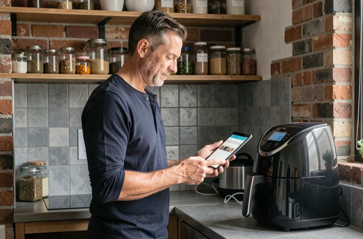 Homme consultant une recette sur tablette à côté de son airfryer dans une cuisine d'appartement urbain