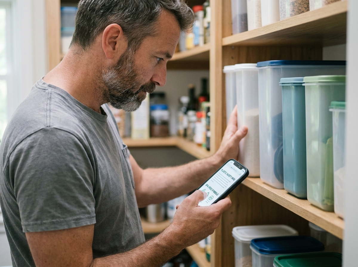 Homme consultant son téléphone pour vérifier la sécurité des contenants en plastique devant un garde-manger