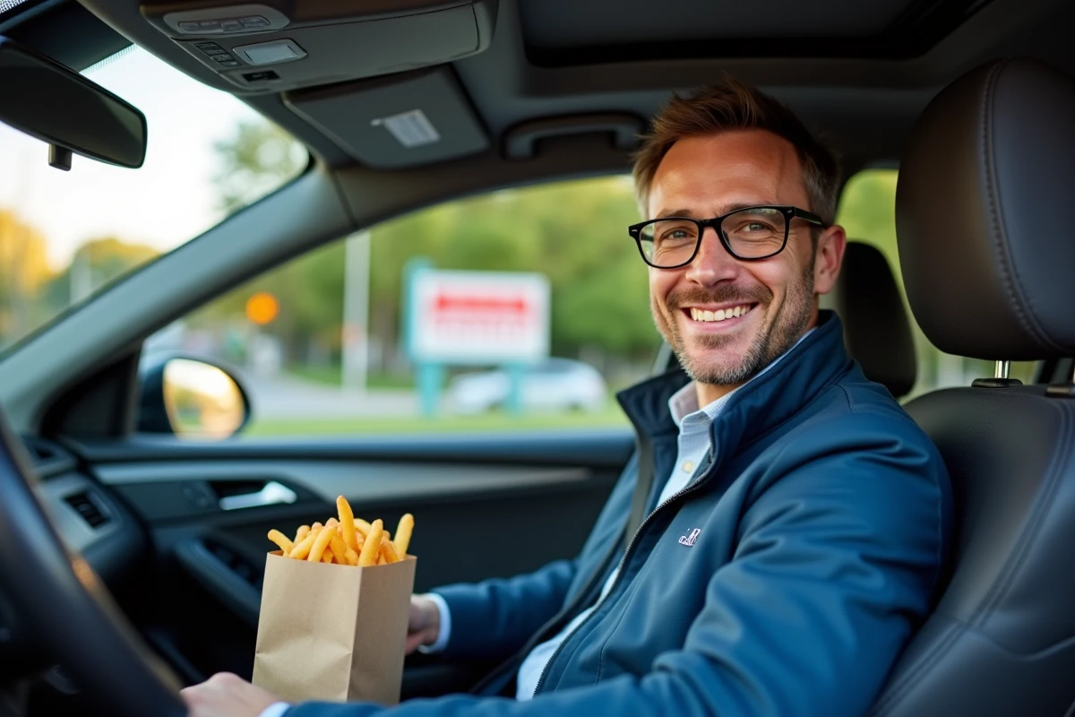 Homme souriant recevant un repas au drive-thru