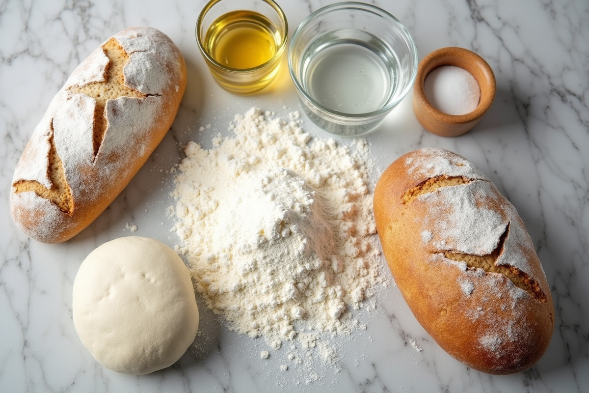 Ingrédients essentiels pour pain maison sur surface farinée