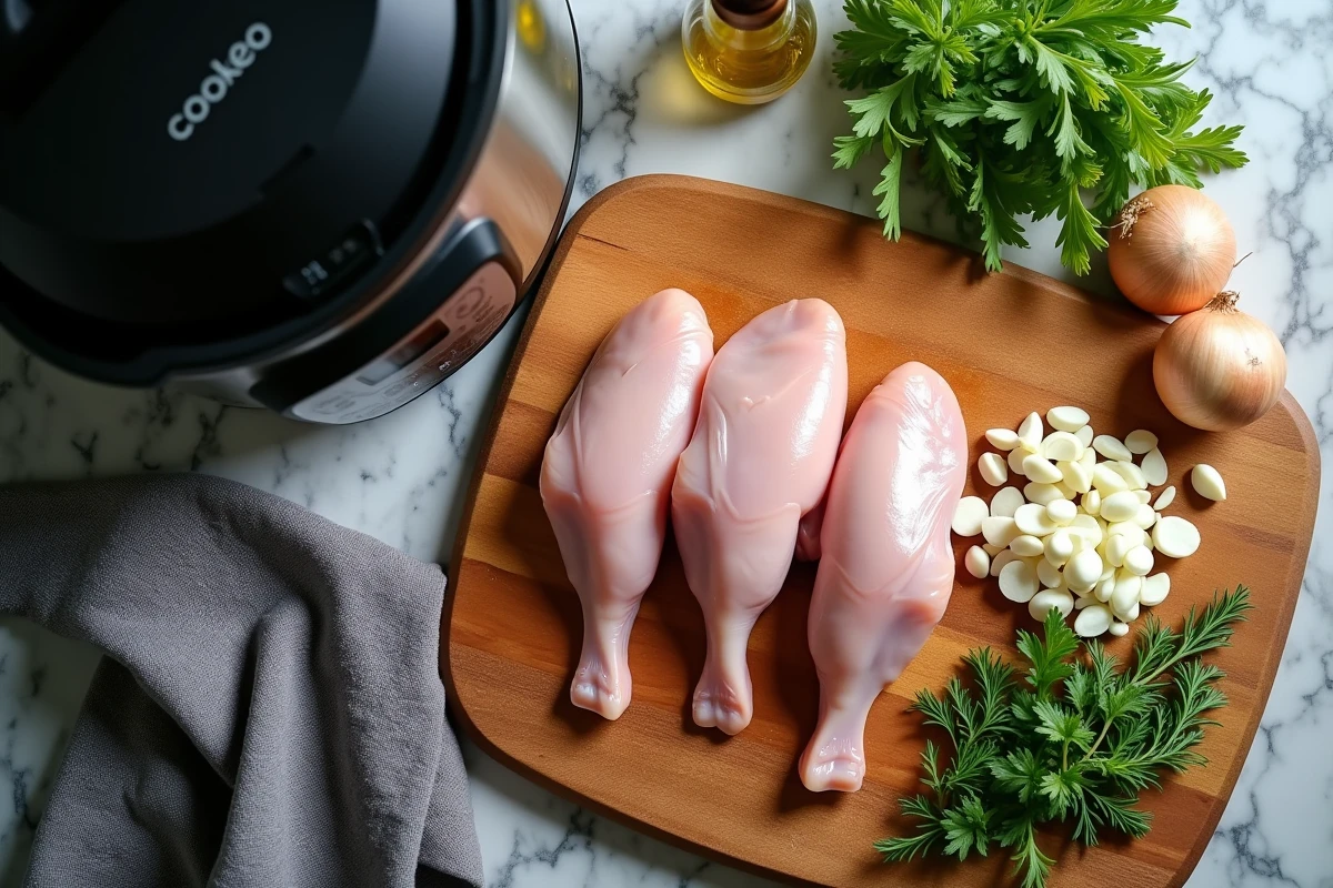 Ingrédients frais pour cuisse de poulet au Cookeo posés sur un plan de travail en granit