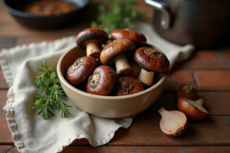 Cèpes frais dans un bol en céramique avec thym et échalotes sur table en bois rustique, ingrédients pour sauce de cèpes maison