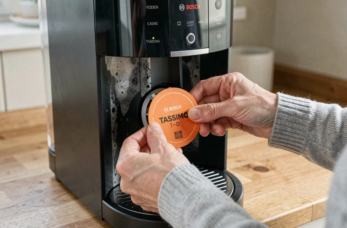 Femme insérant un T-Disc orange dans une machine Tassimo Bosch lors d'un cycle de détartrage dans une cuisine domestique