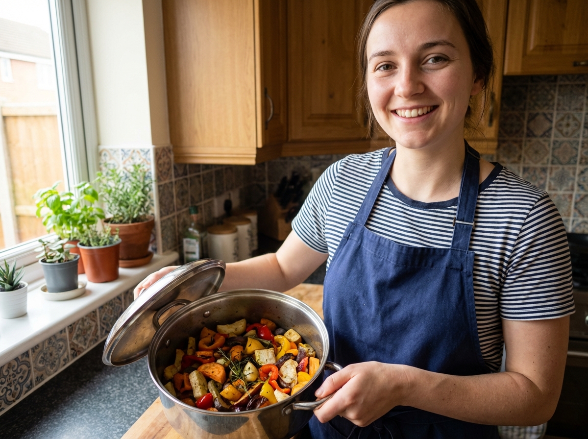 Jeune chef femme présentant une casserole de légumes colorés