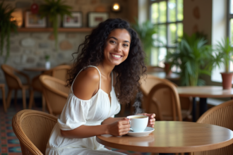 Jeune femme creole souriante dans un café à La Réunion