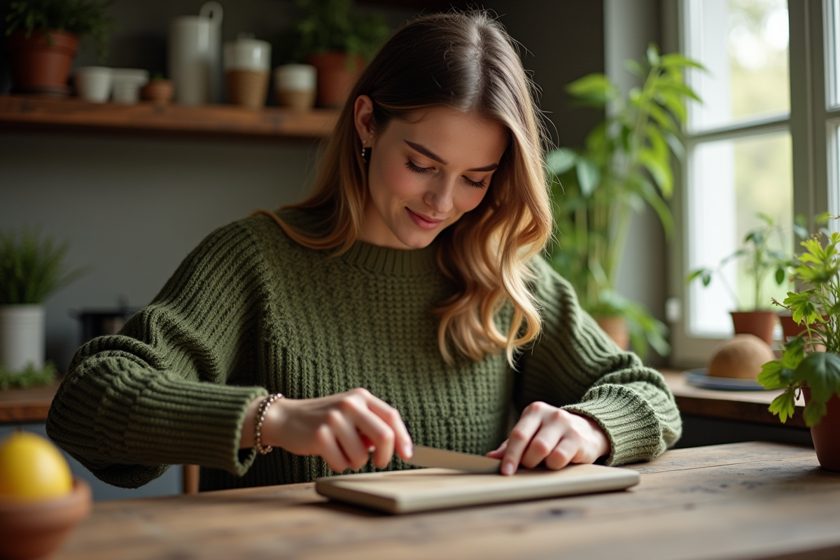 Jeune femme affûtant un couteau sur une pierre à l