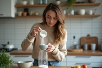 Jeune femme verse du sucre dans un bol en cuisine