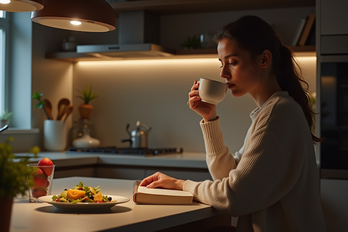 Jeune femme lisant en buvant une tisane dans la cuisine