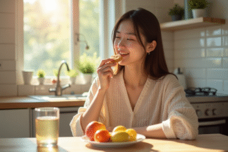 Jeune femme souriante mangeant un biscuit dans la cuisine lumineuse