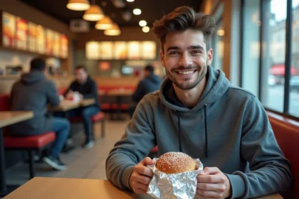 Jeune homme déballant un burger halal dans un fastfood urbain
