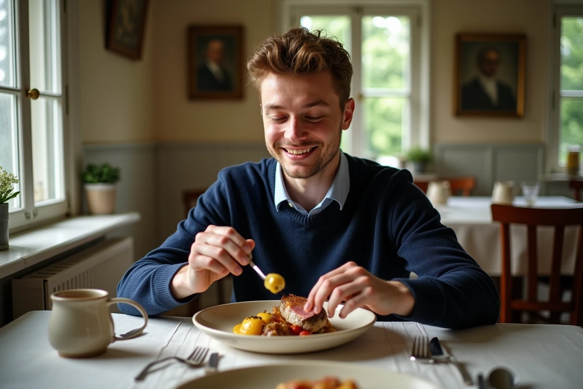 Jeune homme dégustant un filet julienne dans une ambiance chaleureuse