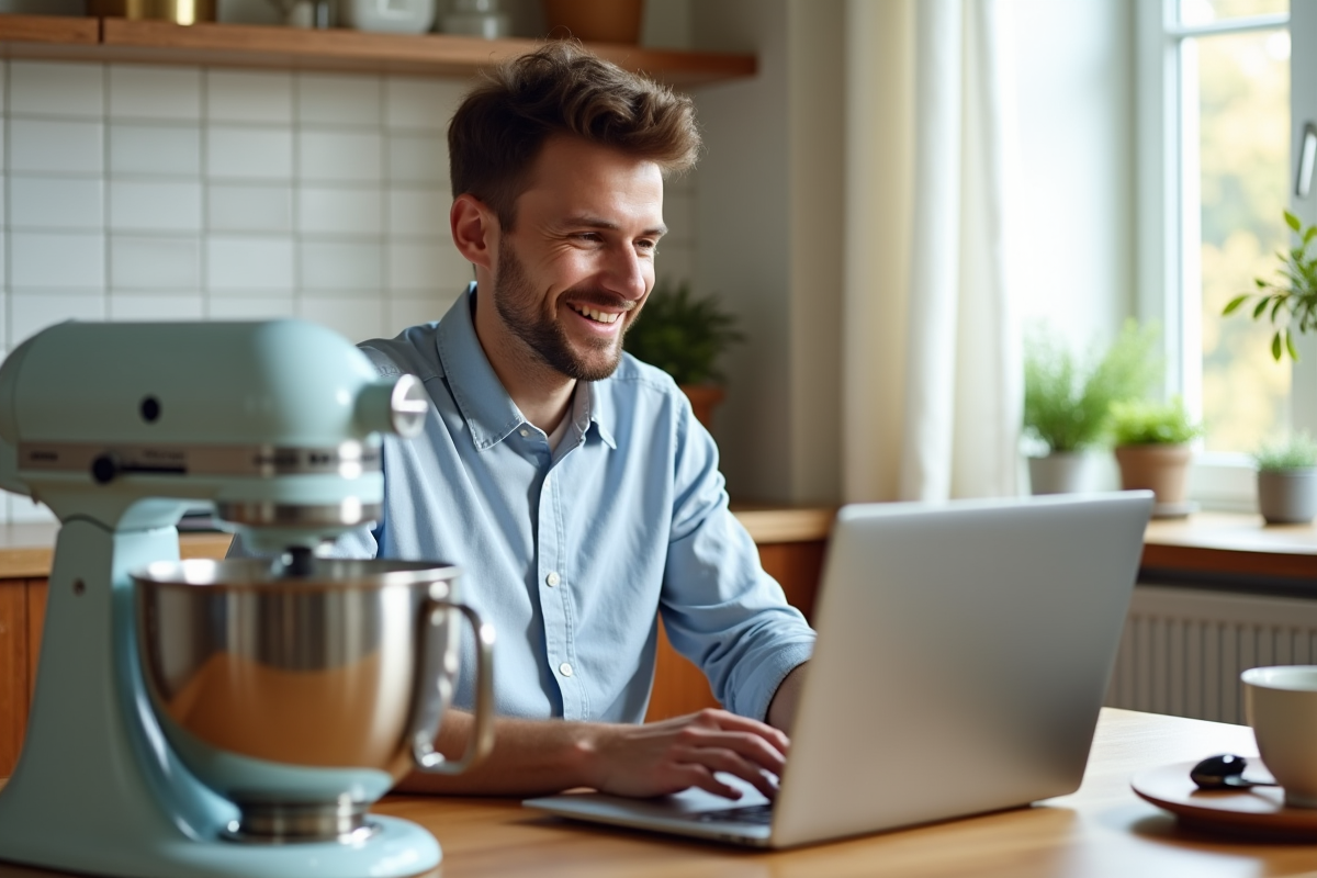 Jeune homme utilisant un ordinateur portable avec un mixeur à côté