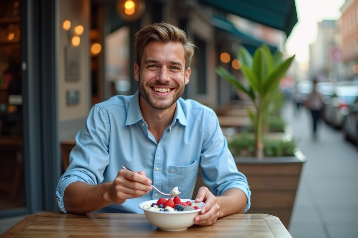 Jeune homme dégustant un yogourt aux fruits en extérieur