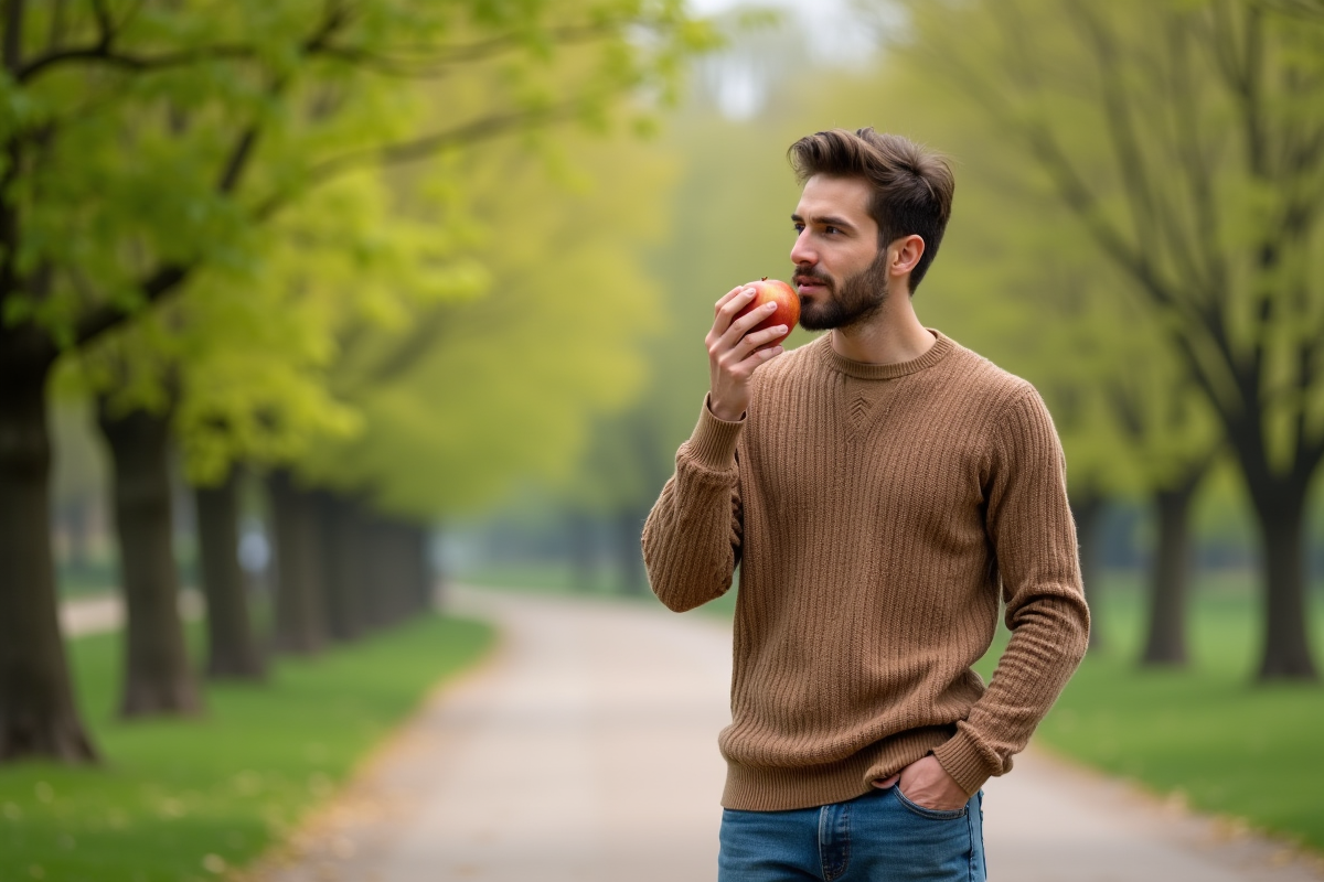 Jeune homme mangeant une pomme dans un parc calme au printemps