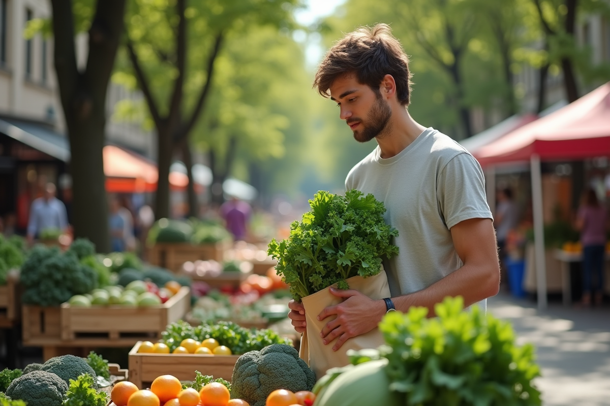 Jeune homme au marché choisissant des légumes frais