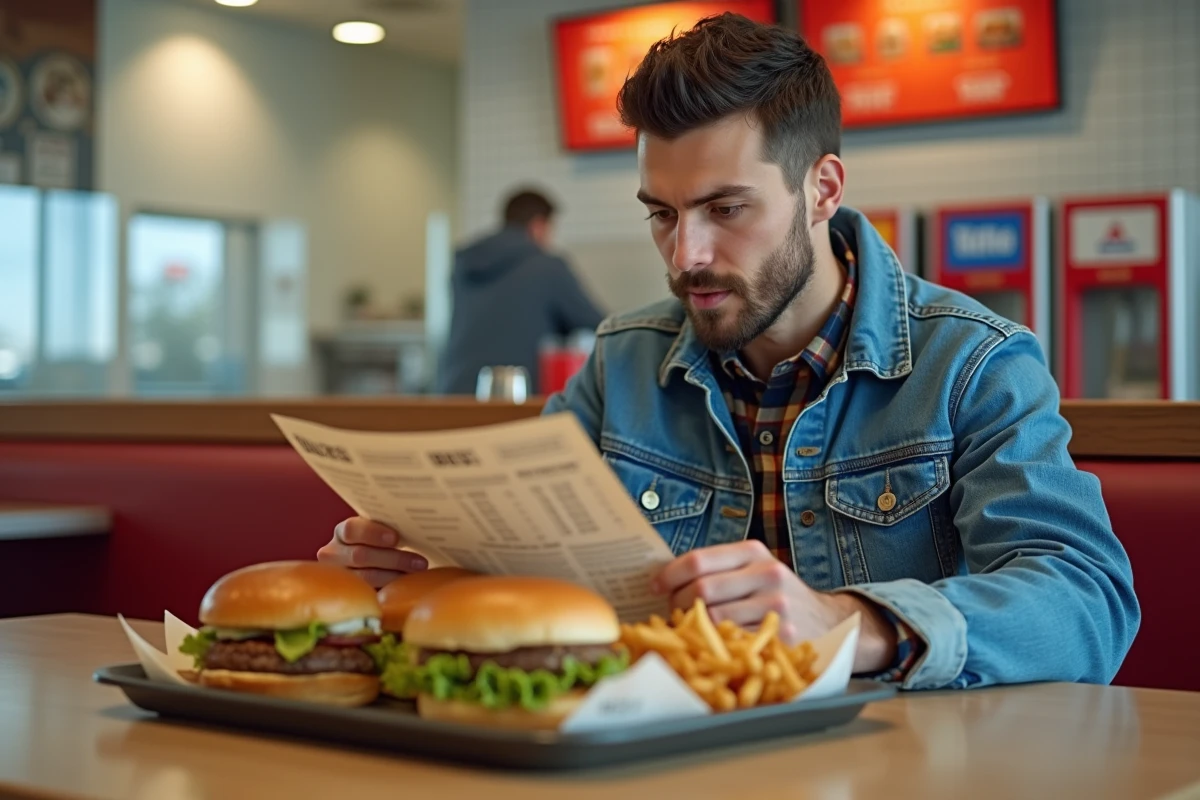 Jeune homme étudiant un menu de burgers au restaurant