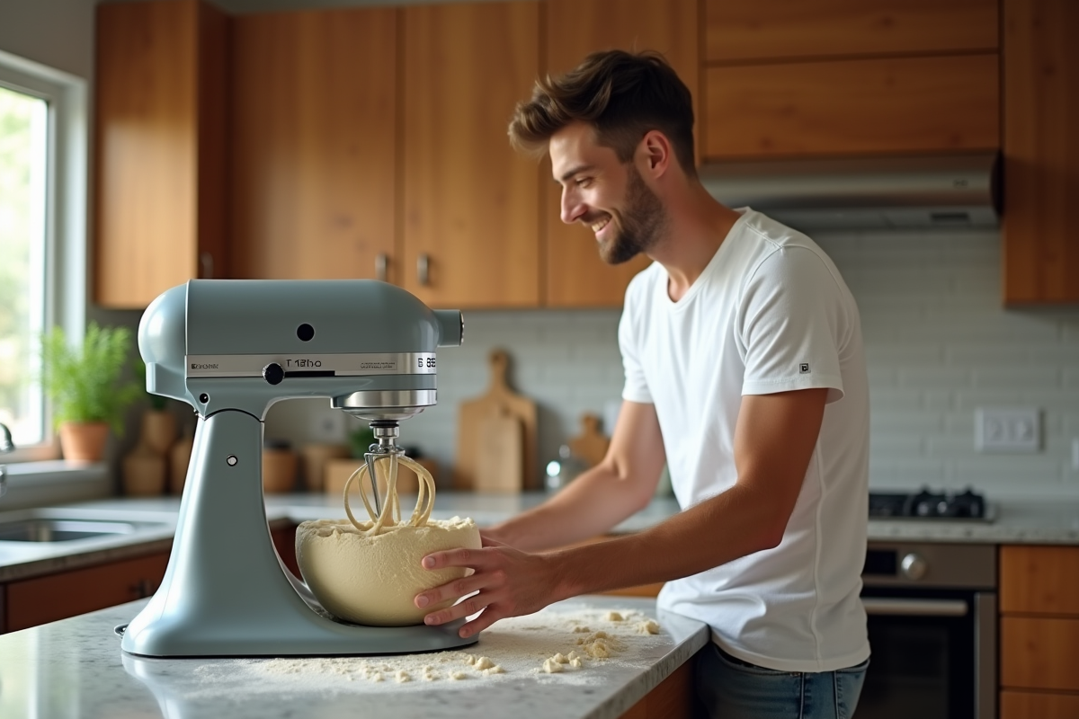 Jeune homme regardant le robot pétrissant la pâte sur un plan de travail