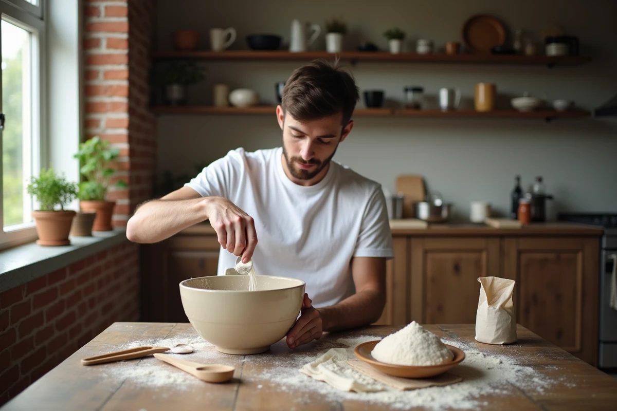 Jeune homme cuisinant avec farine dans une cuisine chaleureuse