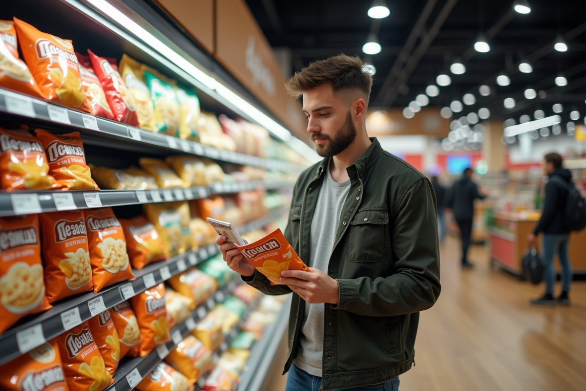 Jeune homme examine paquet de chips faibles en calories en magasin