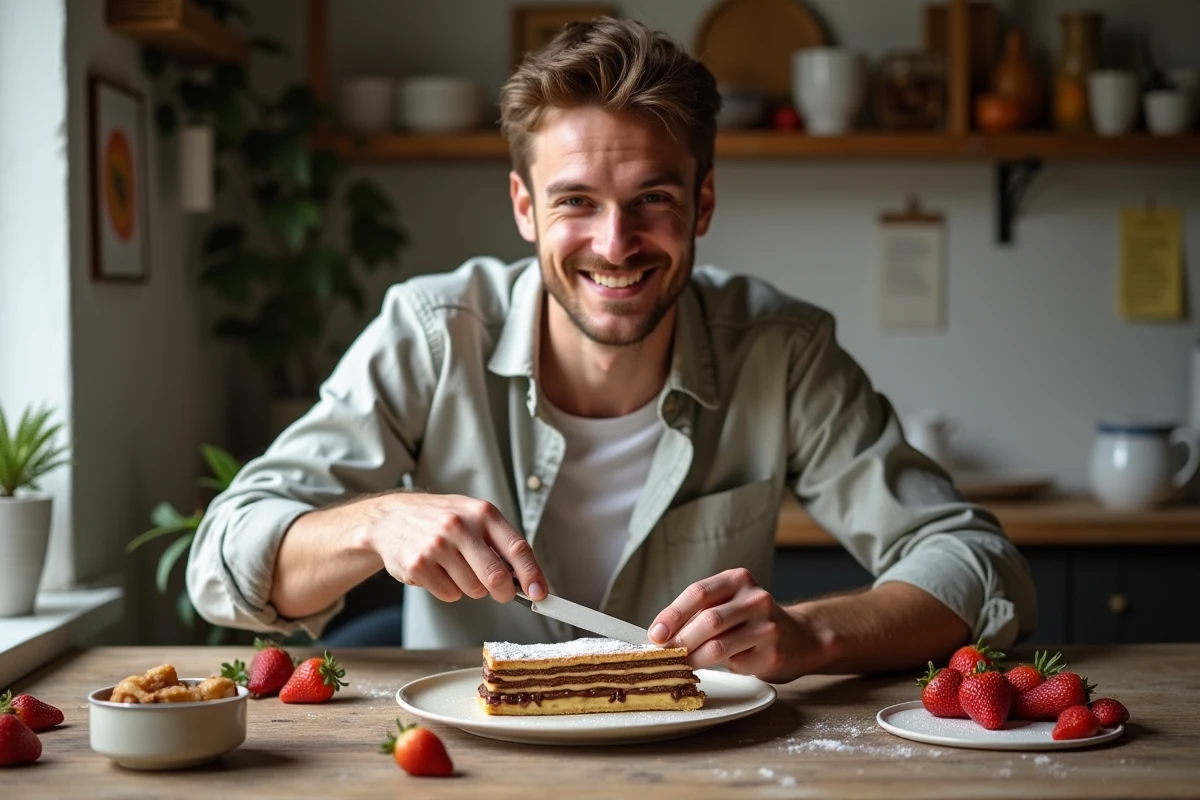 Jeune homme souriant coupant un millefeuille au chocolat