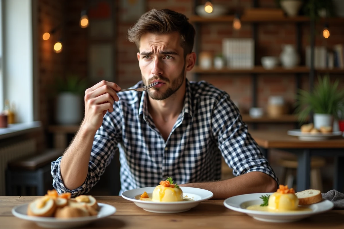 Jeune homme dégustant une fondue de poireaux à la maison