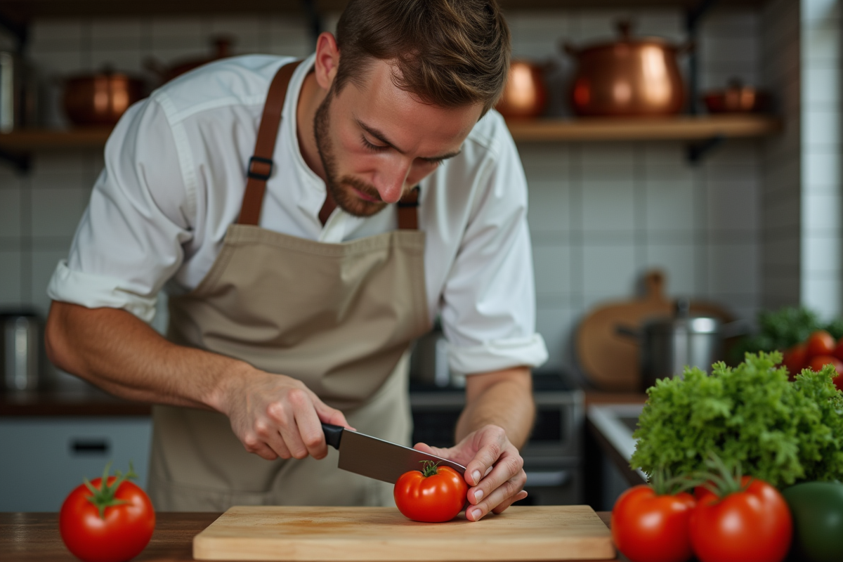 Jeune homme coupant une tomate dans la cuisine
