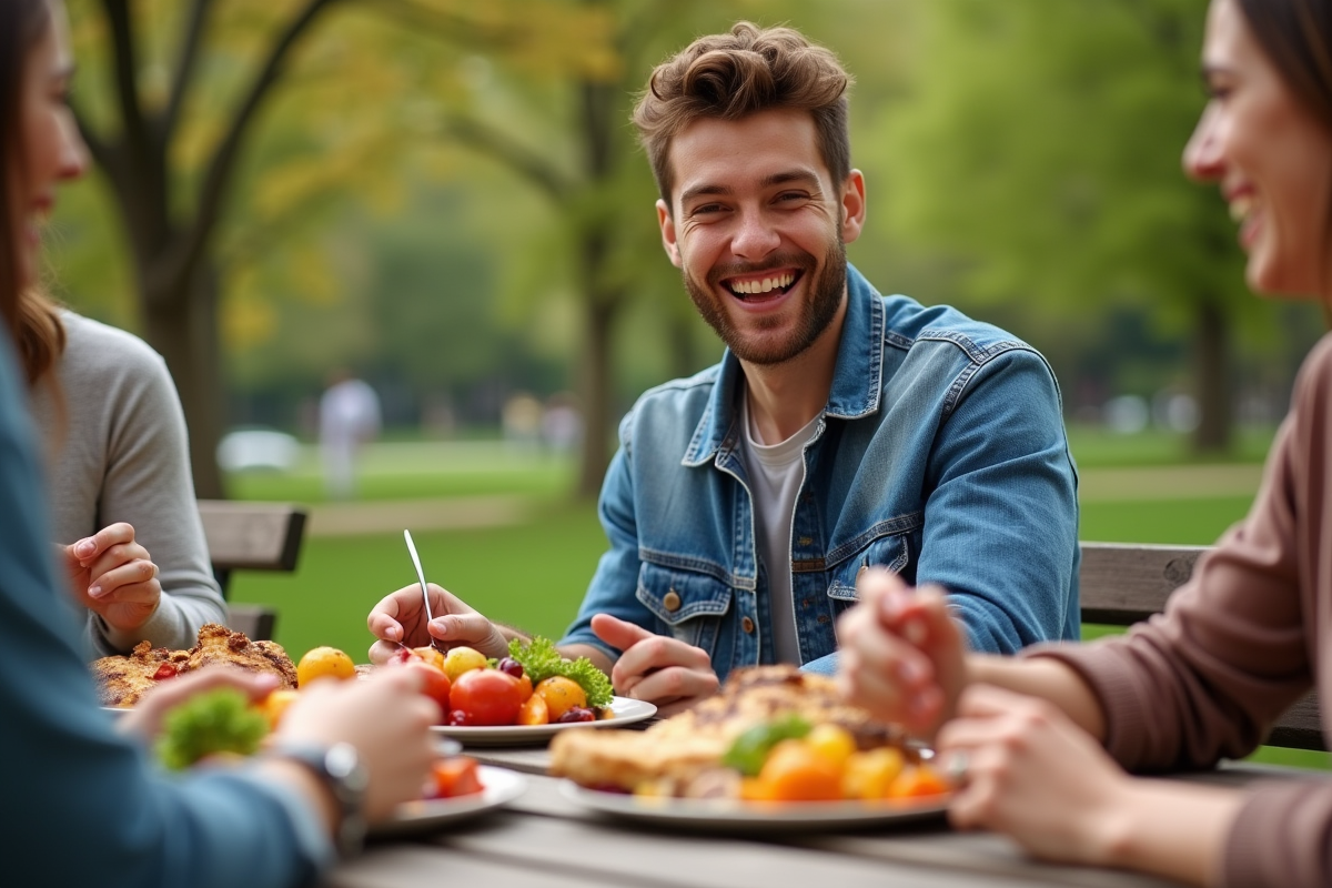 Jeune homme riant partageant un plat de légumes grillés en plein air