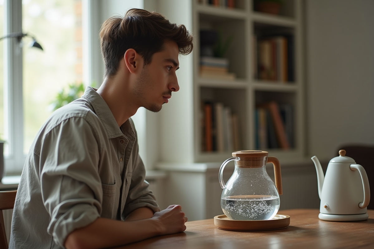 Jeune homme examine une carafe d