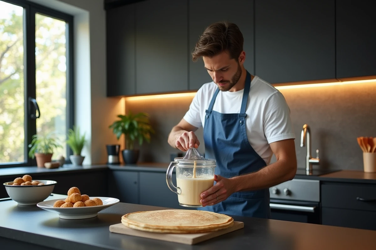 Jeune homme versant la pâte à crêpes dans un bol dans une cuisine urbaine