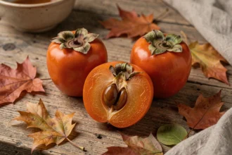Fruits kaki mûrs tranchés sur une table en bois rustique avec des feuilles d'automne, illustrant l'article sur la consommation du kaki et les allergies alimentaires