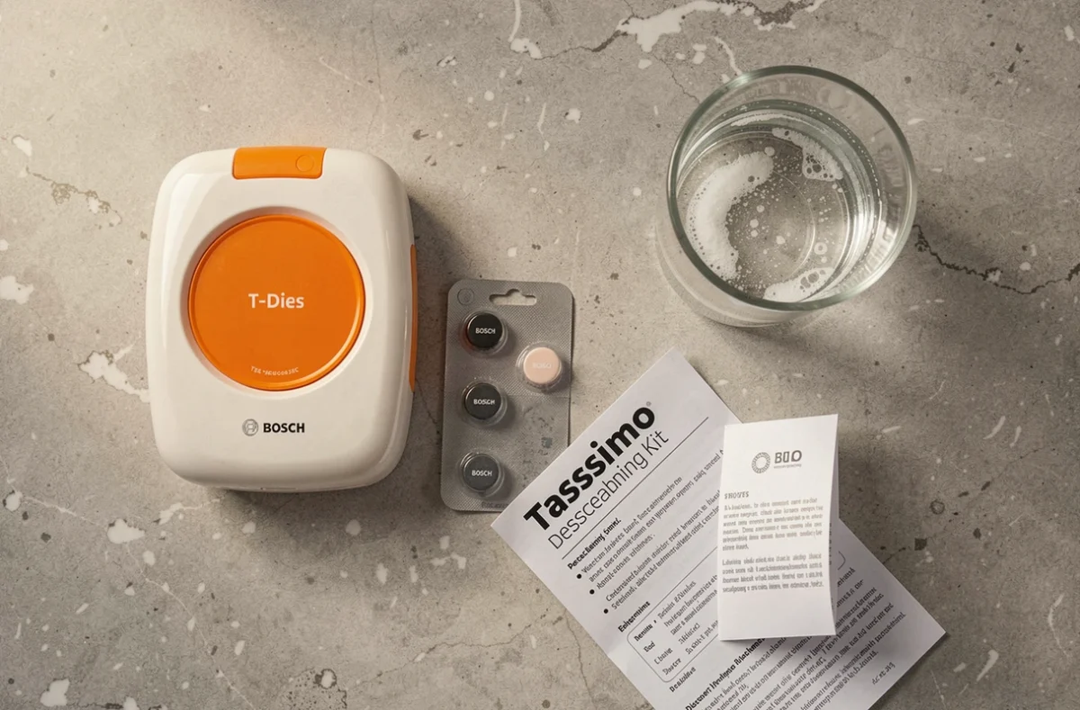 Kit de détartrage Tassimo à plat comprenant un T-Disc orange, des pastilles de détartrage et une notice d'utilisation sur un plan de travail en pierre grise