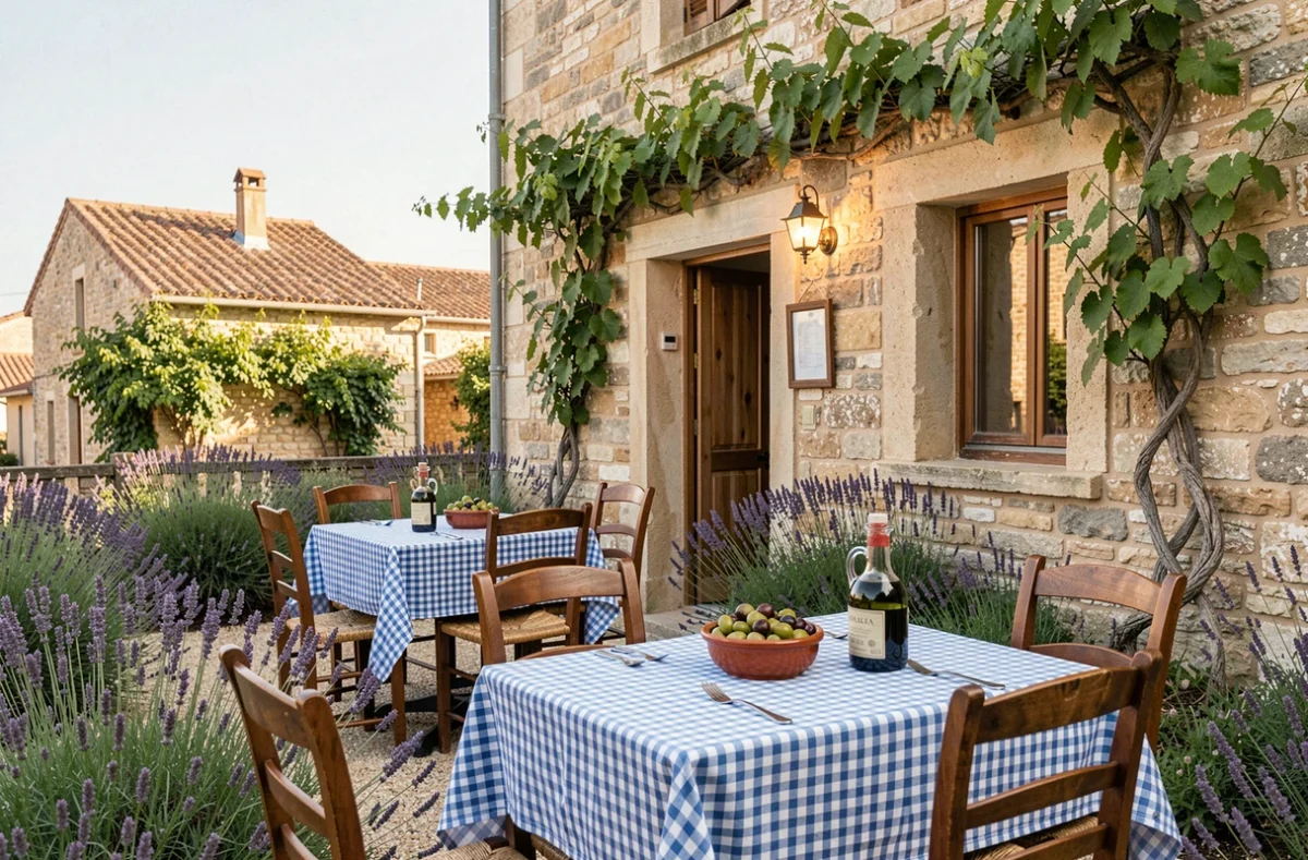 Terrasse rustique de La Bourdasso à Pradelles-en-Val avec murs en pierre et décor provençal estival