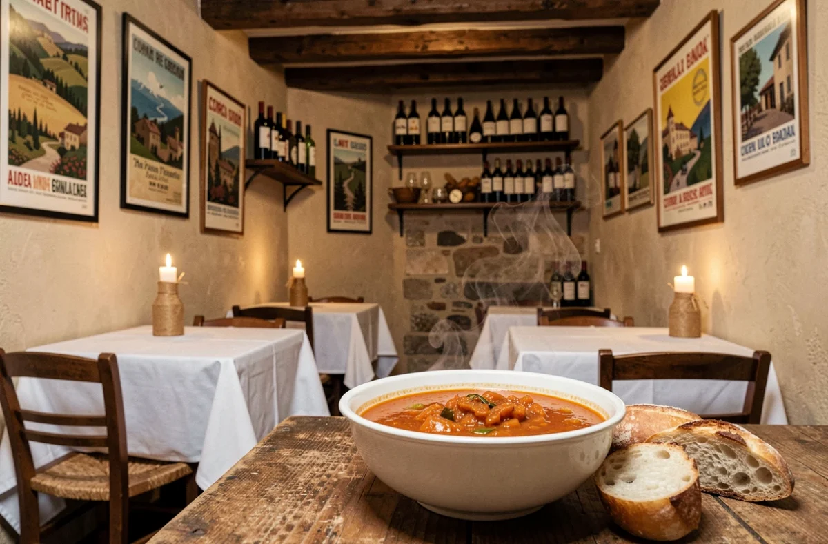 Intérieur chaleureux du restaurant La Casa à Espalion avec poutres apparentes et décor italien vintage