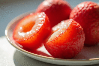 Litchis pelés sur une assiette en céramique lumineuse