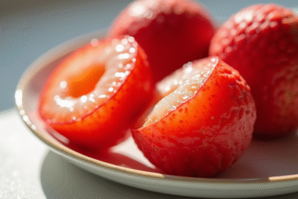 Litchis pelés sur une assiette en céramique lumineuse