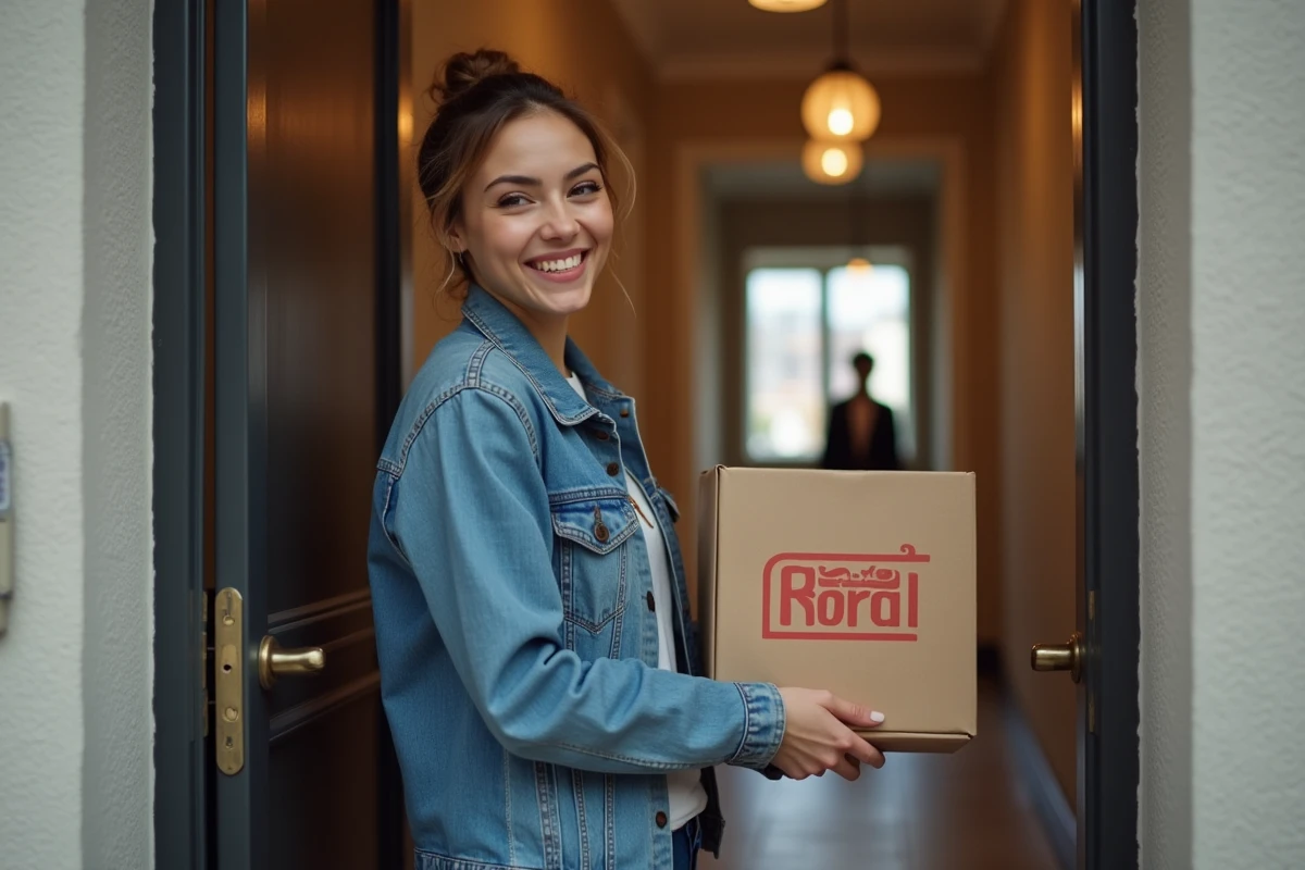 Jeune femme recevant pizza dans hall urbain