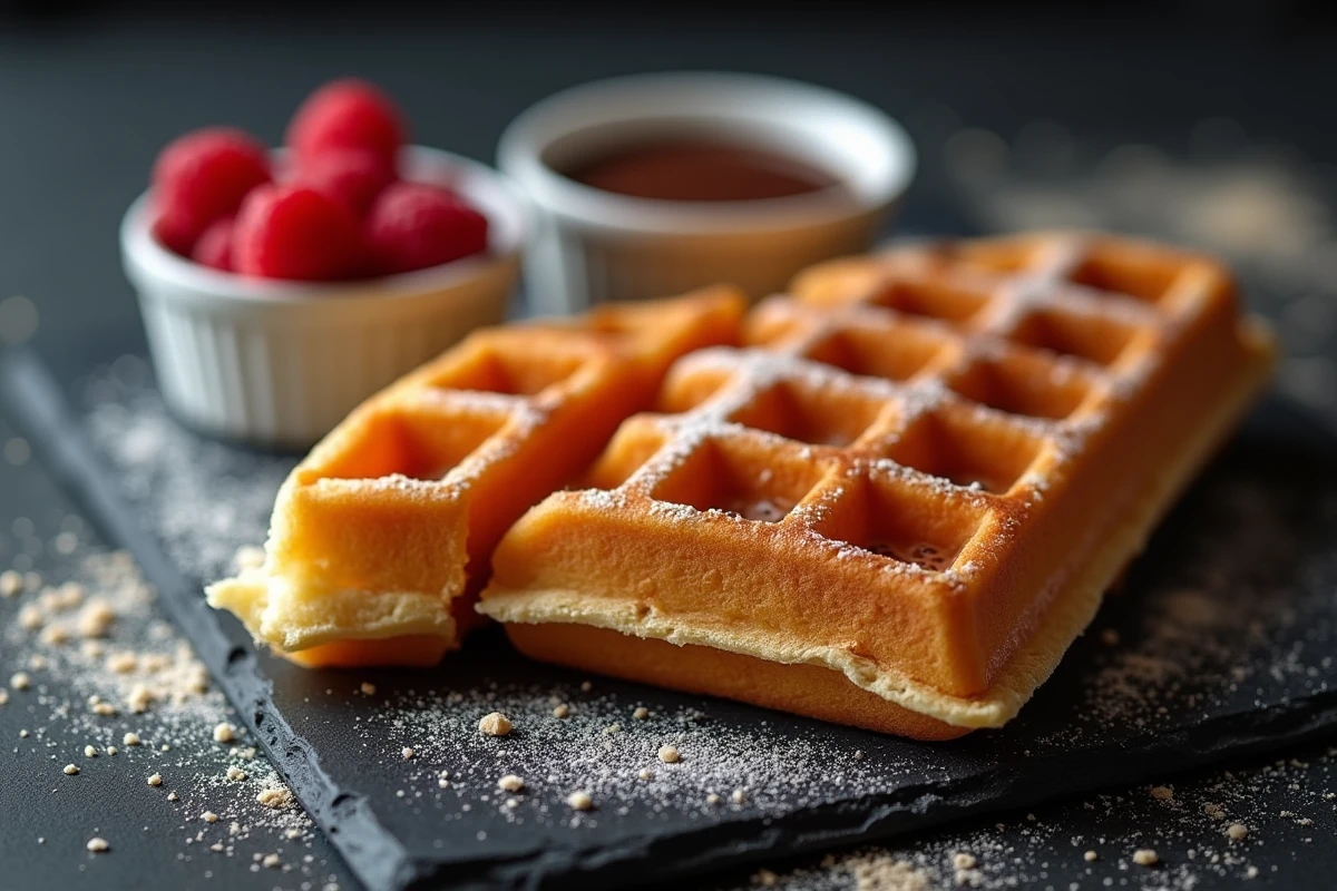 Gros plan macro d'une gaufre croustillante sur ardoise avec sauce chocolat et framboises fraîches