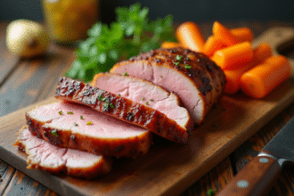 Magret de canard tranché servi avec légumes racines colorés