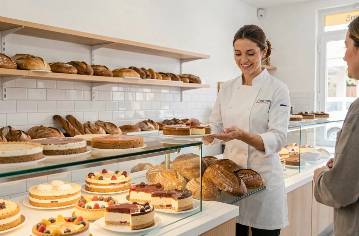 Pâtissière présentant une tarte glacée au comptoir de la Maison Rodrigues Boulangerie Pâtisserie à Toulon