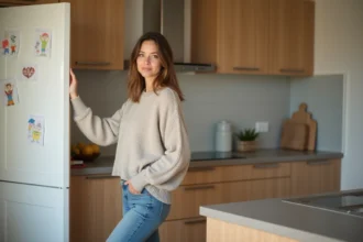 Maman dans la cuisine moderne et chaleureuse