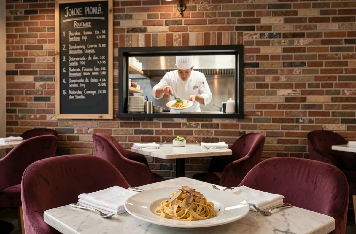 Intérieur élégant du restaurant Mantesino à Toulouse avec décor contemporain et cuisine ouverte