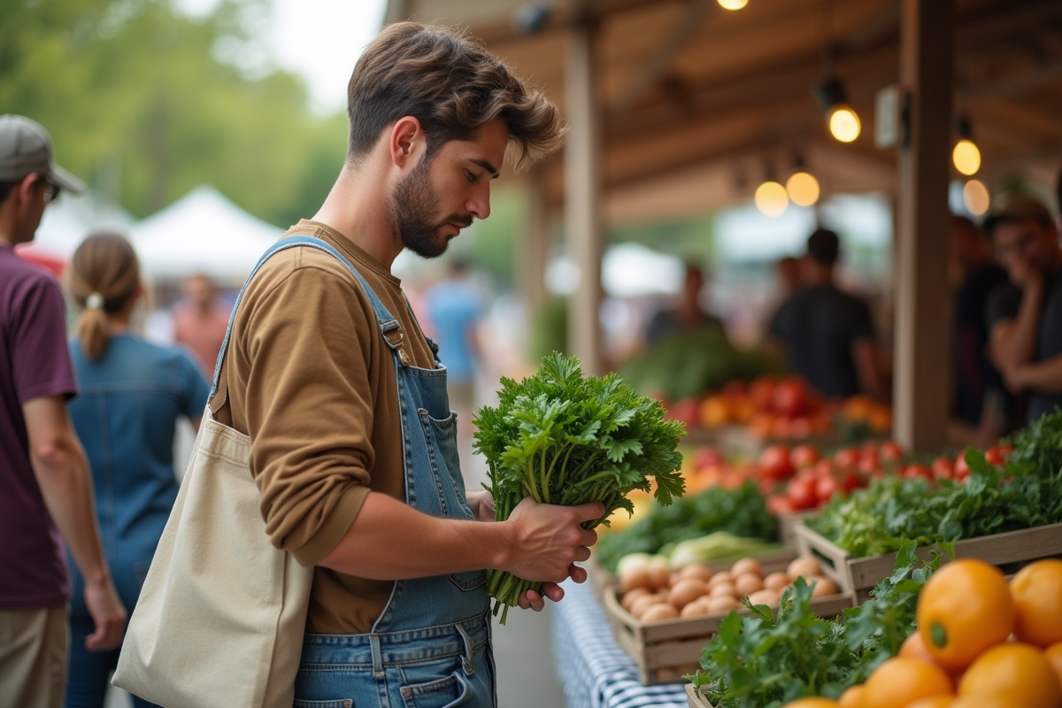 Jeune homme inspectant des légumes au marché en plein air