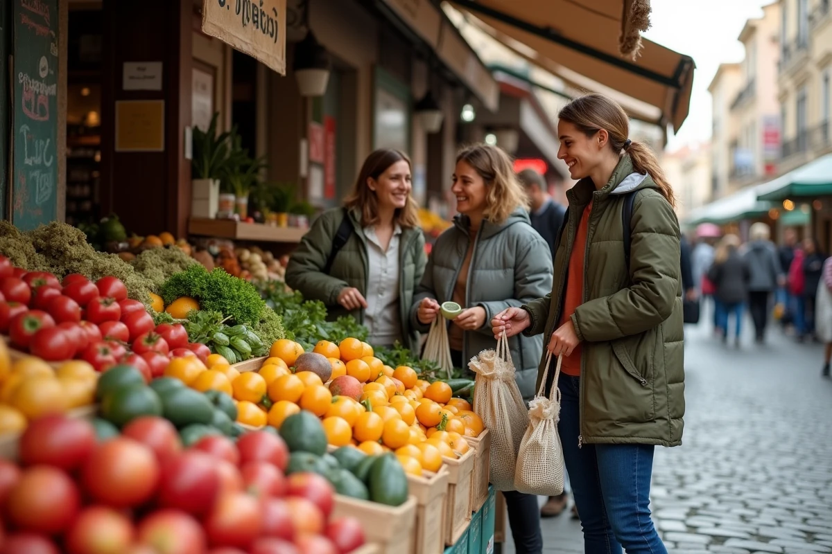 Groupe de personnes faisant leurs courses à un marché anti-gaspi en plein air avec fruits et légumes imparfaits