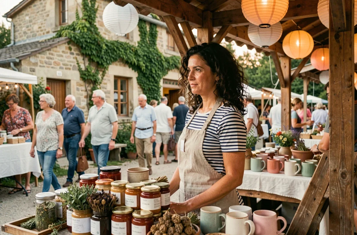 Marchande artisanale devant son étal lors d'une soirée marché à la Guinguette de la Ferme